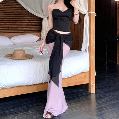 Sweetheart Neckline Plain Crop Tube Top / Mid Rise Two Tone Maxi Mermaid Skirt