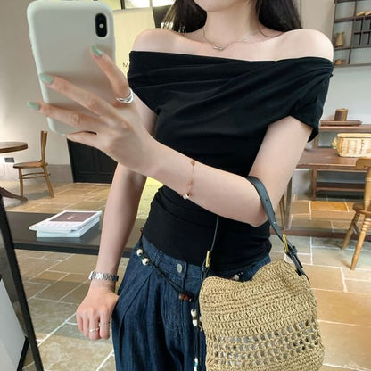 Off-Shoulder Short Sleeve Solid Cropped Blouse