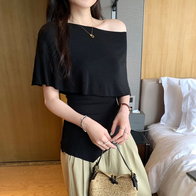 Asymmetrical Cowl Neck Short Sleeve Solid Blouse