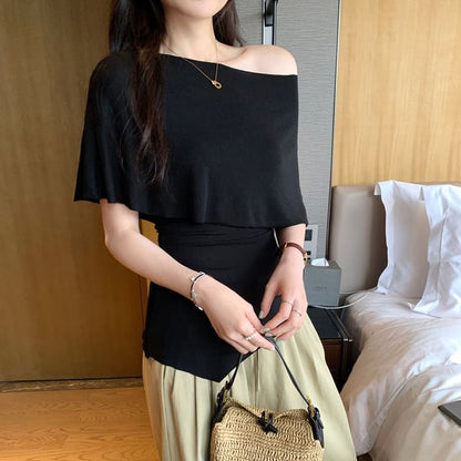 Asymmetrical Cowl Neck Short Sleeve Solid Blouse