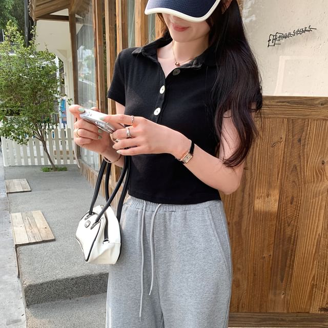 Short Sleeve Solid Crop Polo Shirt