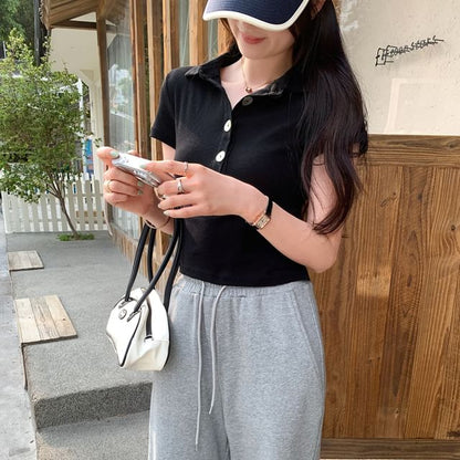 Short Sleeve Solid Crop Polo Shirt