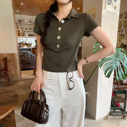 Short Sleeve Solid Crop Polo Shirt