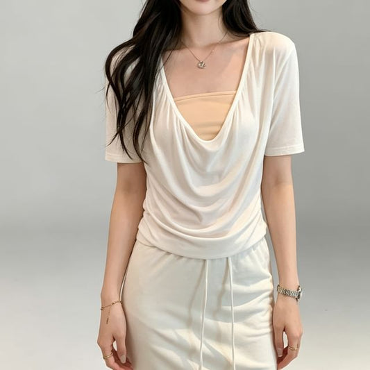 Short-Sleeve V-Neck Draped Plain Top
