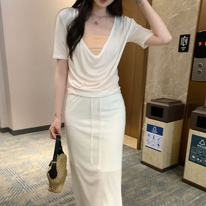 Short-Sleeve V-Neck Draped Plain Top