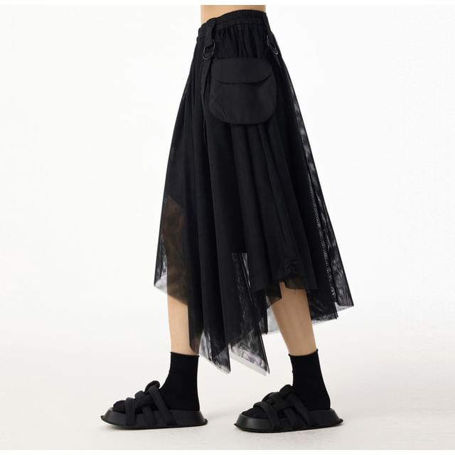 Elastic Waist Asymmetrical Flap Pocket Panel Mesh Midi A-Line Skirt