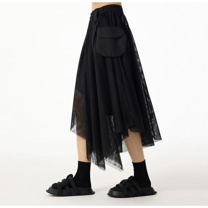 Elastic Waist Asymmetrical Flap Pocket Panel Mesh Midi A-Line Skirt
