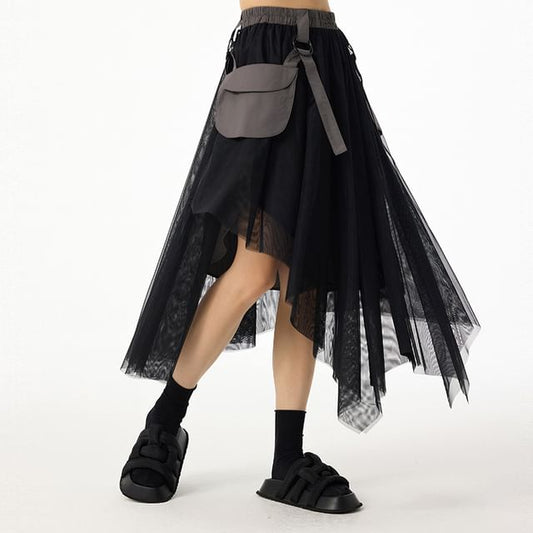 Elastic Waist Asymmetrical Flap Pocket Panel Mesh Midi A-Line Skirt