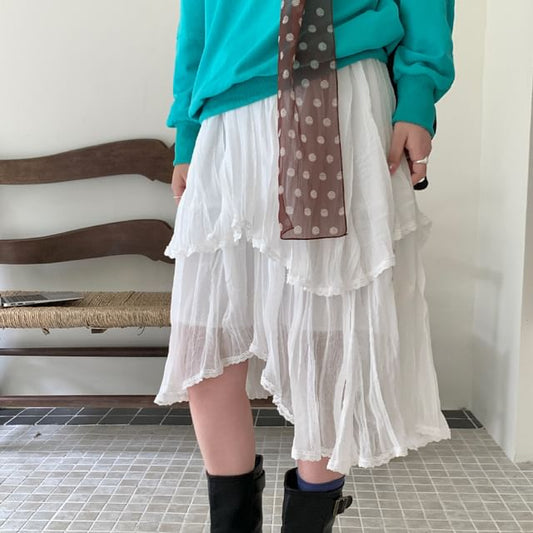 Mid Rise Plain Lace Trim Midi Tiered Skirt