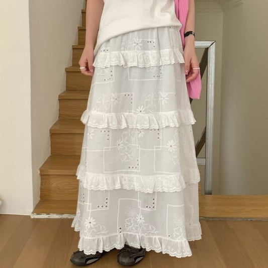 Mid Rise Plain Ruffle Trim Maxi A-Line Skirt