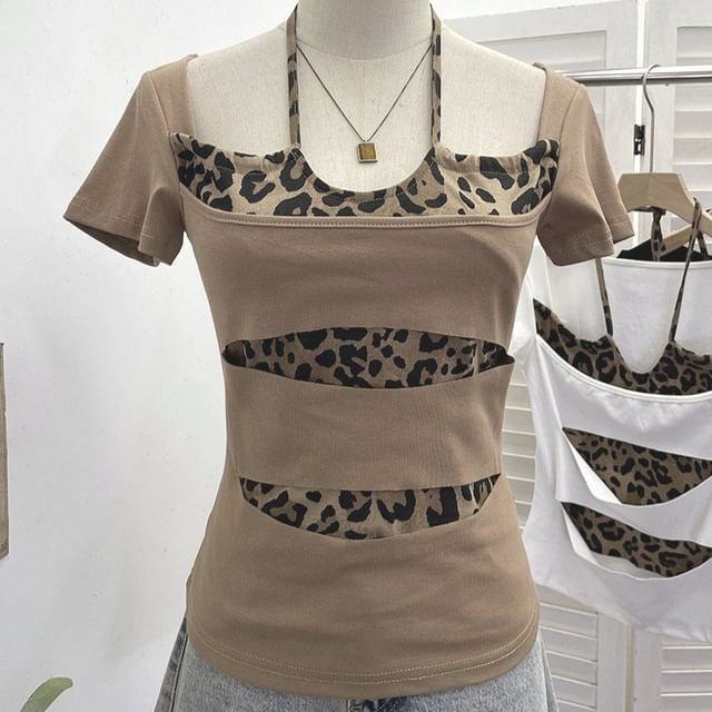 Short Sleeve Halter Leopard Print Mock Two Piece Top
