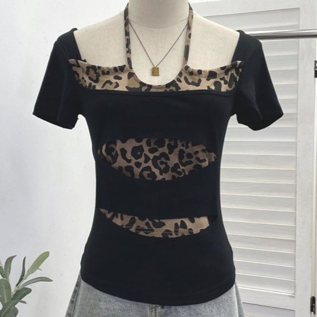 Short Sleeve Halter Leopard Print Mock Two Piece Top