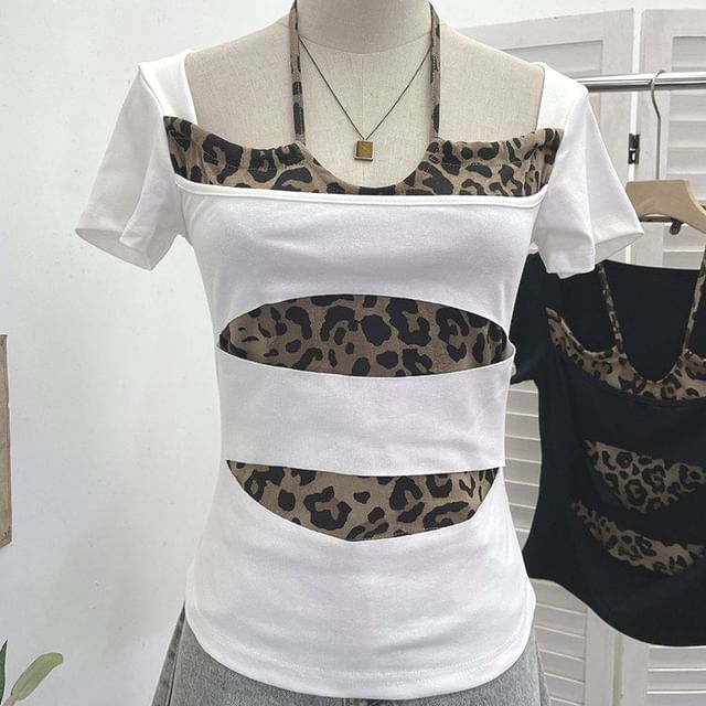 Short Sleeve Halter Leopard Print Mock Two Piece Top