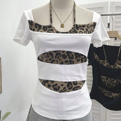 Short Sleeve Halter Leopard Print Mock Two Piece Top