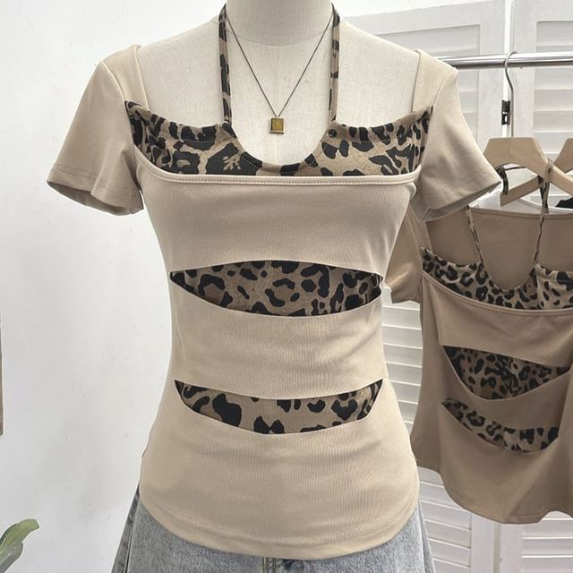 Short Sleeve Halter Leopard Print Mock Two Piece Top