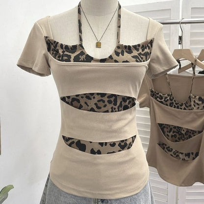 Short Sleeve Halter Leopard Print Mock Two Piece Top