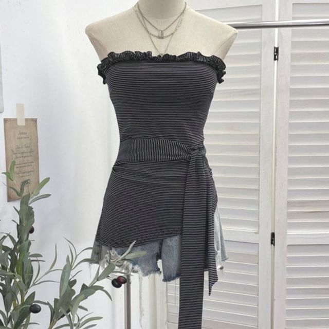 Striped Ruffle Asymmetrical Padded Tube Top