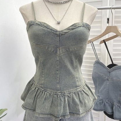 Panel Peplum Padded Denim Camisole Top