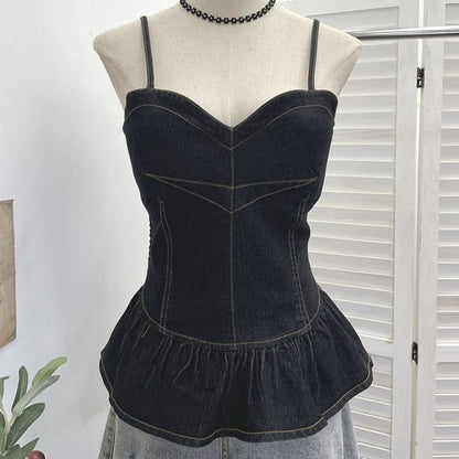 Panel Peplum Padded Denim Camisole Top
