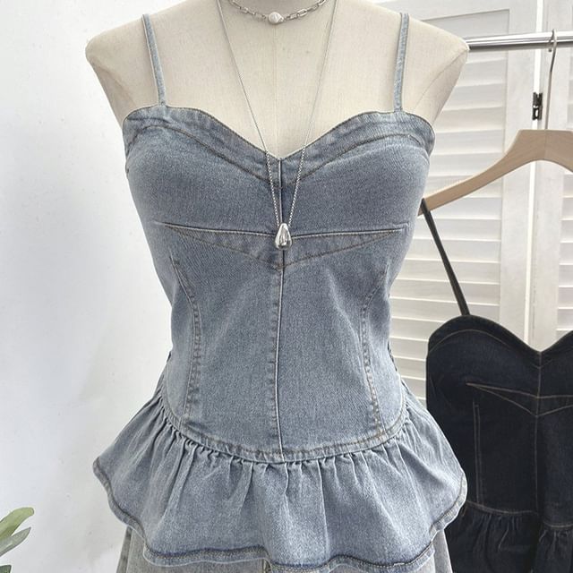 Panel Peplum Padded Denim Camisole Top