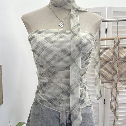 Plaid Ruched Padded Mesh Tube Top