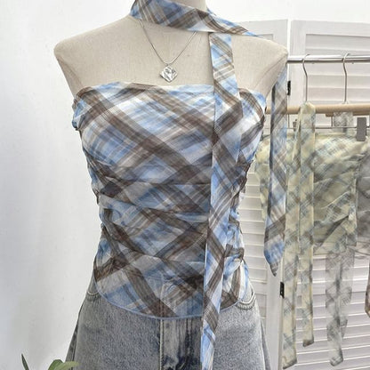 Plaid Ruched Padded Mesh Tube Top