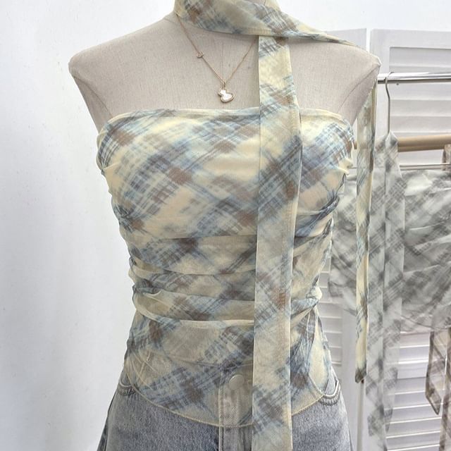 Plaid Ruched Padded Mesh Tube Top
