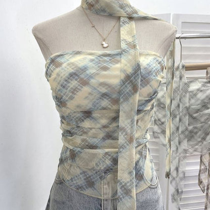 Plaid Ruched Padded Mesh Tube Top