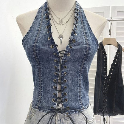 Halter Lace Up Denim Top