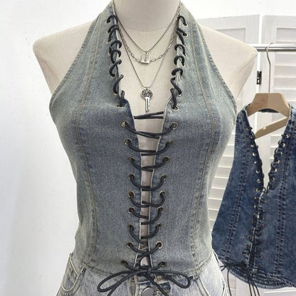 Halter Lace Up Denim Top