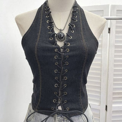 Halter Lace Up Denim Top