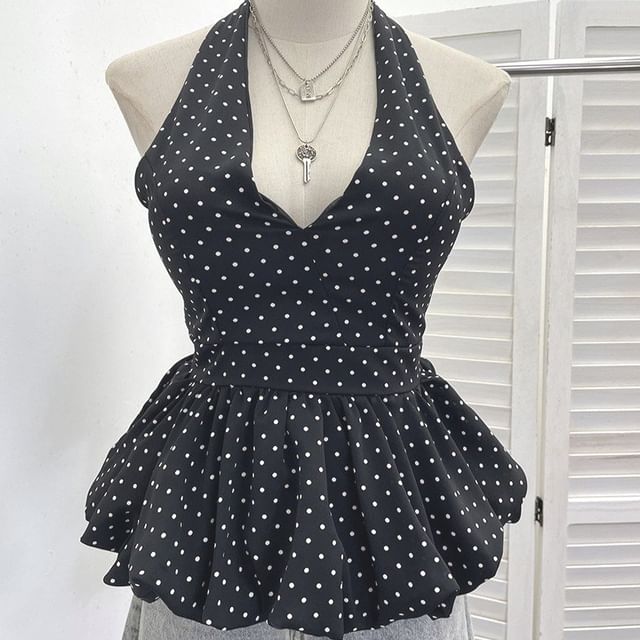 Halter Dotted Peplum Padded Top