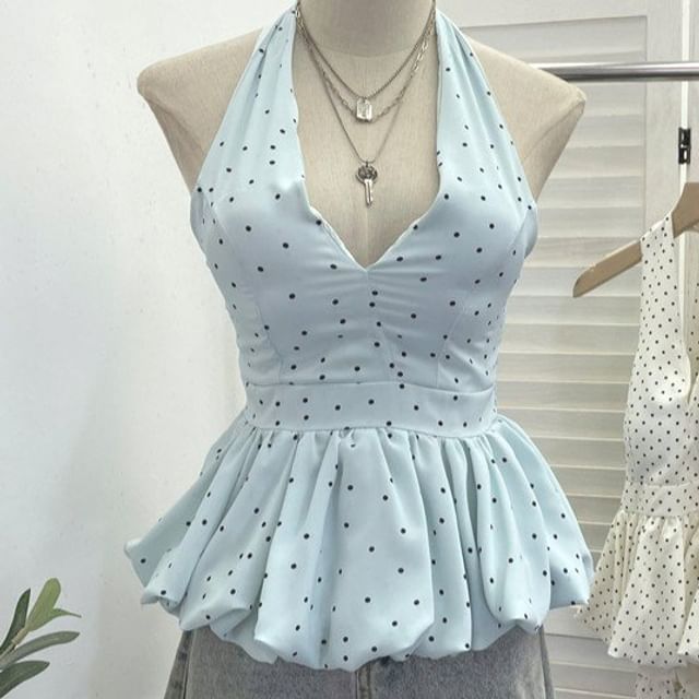 Halter Dotted Peplum Padded Top