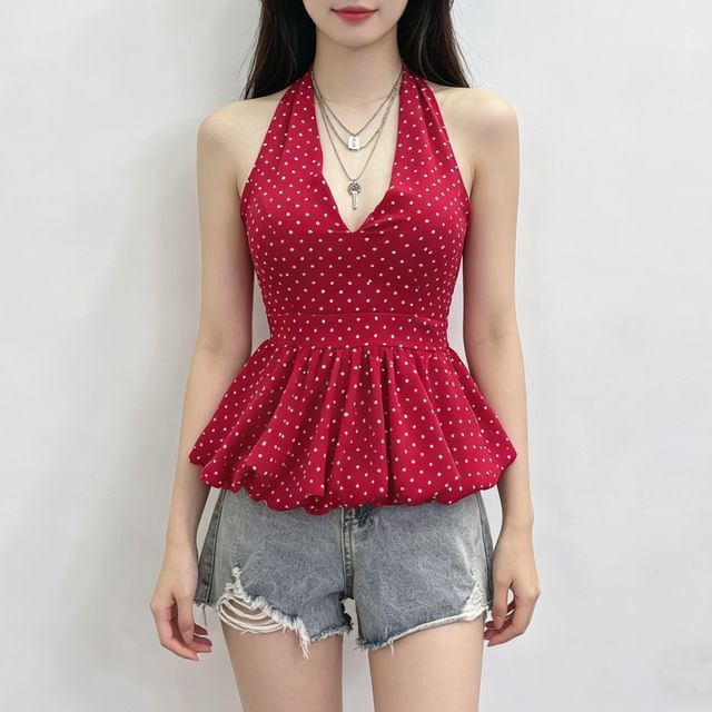 Halter Dotted Peplum Padded Top