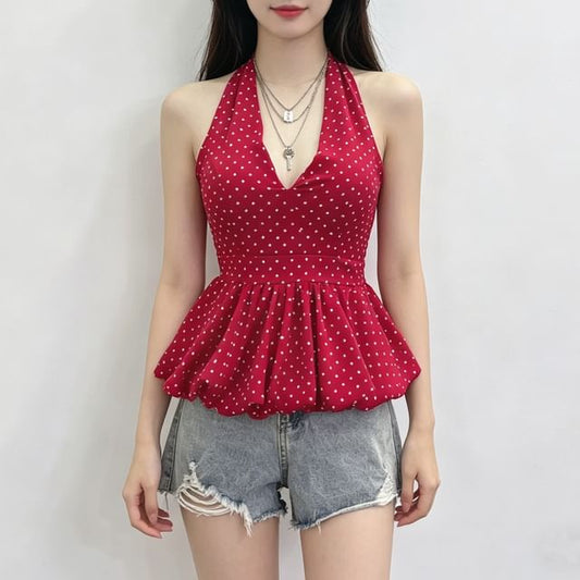 Halter Dotted Peplum Padded Top