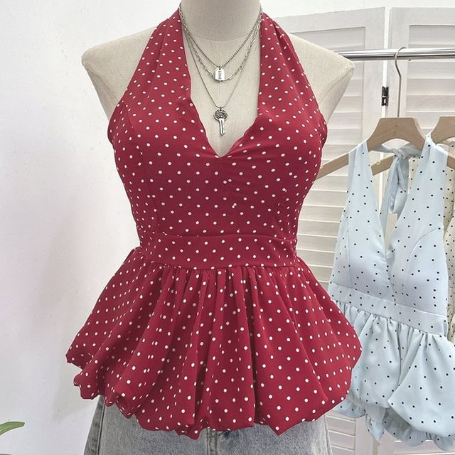 Halter Dotted Peplum Padded Top