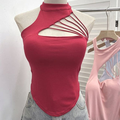 Mock Neck Cutout Strapped Padded Halter Top