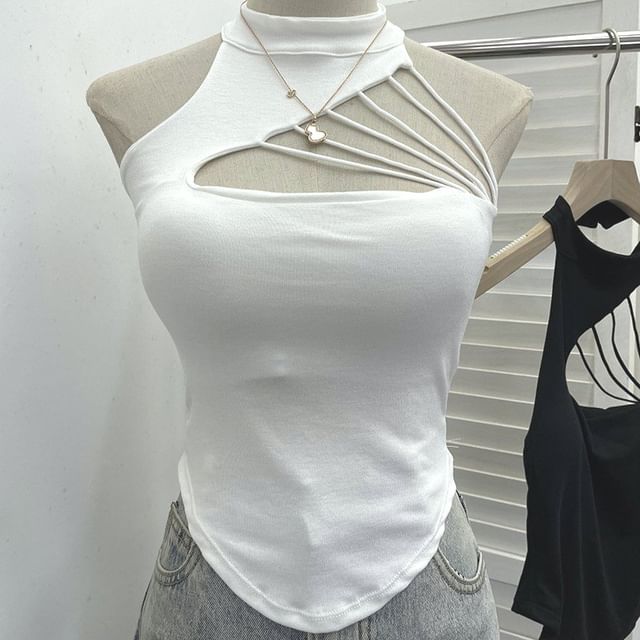 Mock Neck Cutout Strapped Padded Halter Top