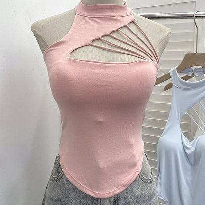 Mock Neck Cutout Strapped Padded Halter Top