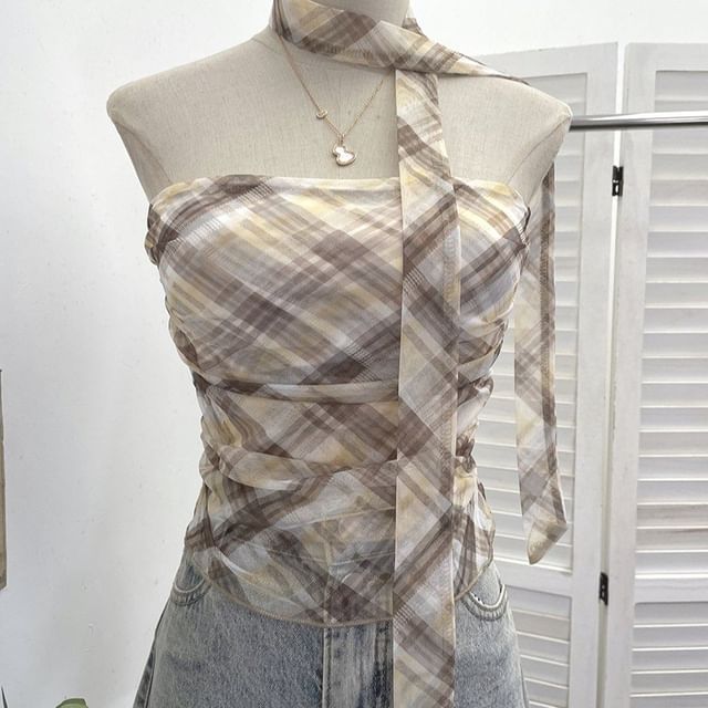 Plaid Ruched Padded Mesh Tube Top