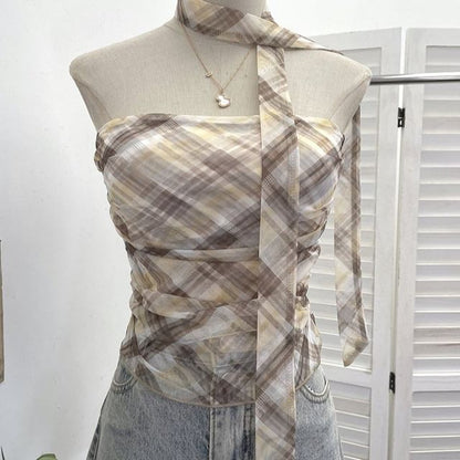 Plaid Ruched Padded Mesh Tube Top