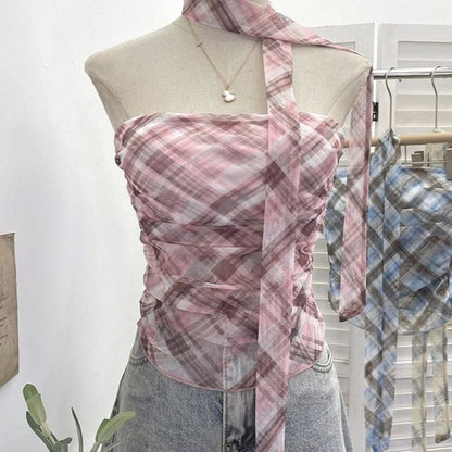 Plaid Ruched Padded Mesh Tube Top