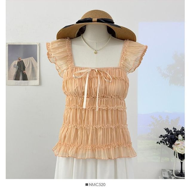 Square Neck Cap Sleeve Sheer Cropped Top