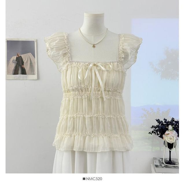 Square Neck Cap Sleeve Sheer Cropped Top