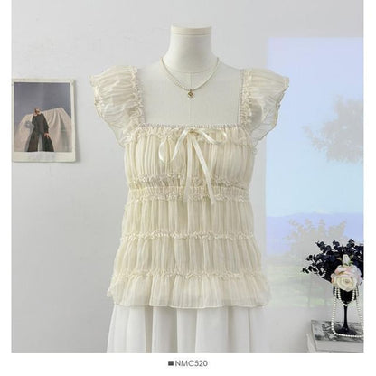 Square Neck Cap Sleeve Sheer Cropped Top