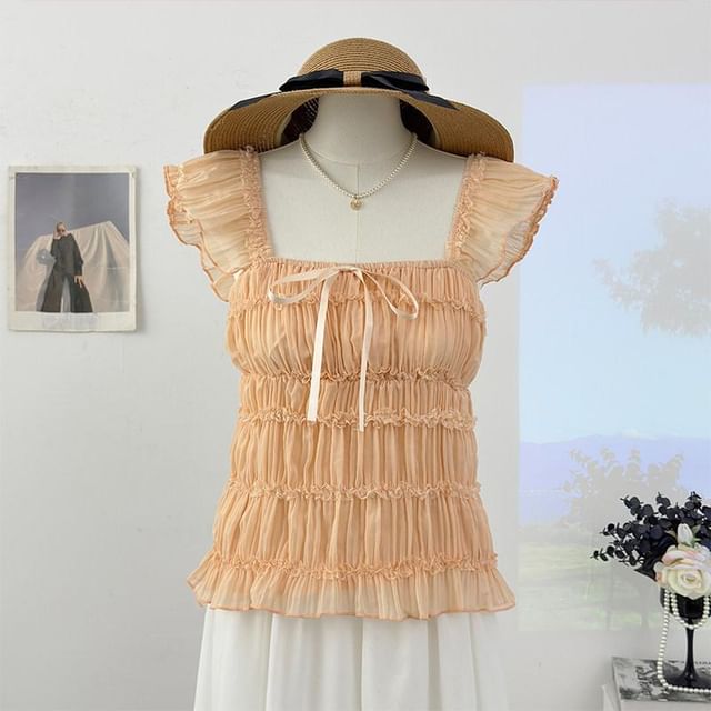Square Neck Cap Sleeve Sheer Cropped Top