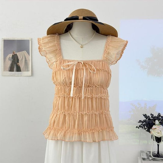Square Neck Cap Sleeve Sheer Cropped Top