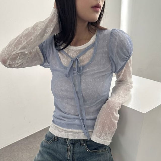 Puff-Sleeve Scoop Neck Micro Dot Tie Front Mesh Top