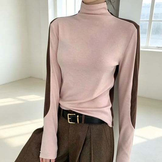 Turtleneck Long Sleeve Two Tone Slim Tee