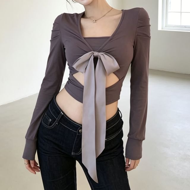 V-Neck Long Sleeve Cutout Tie Front Crop Top